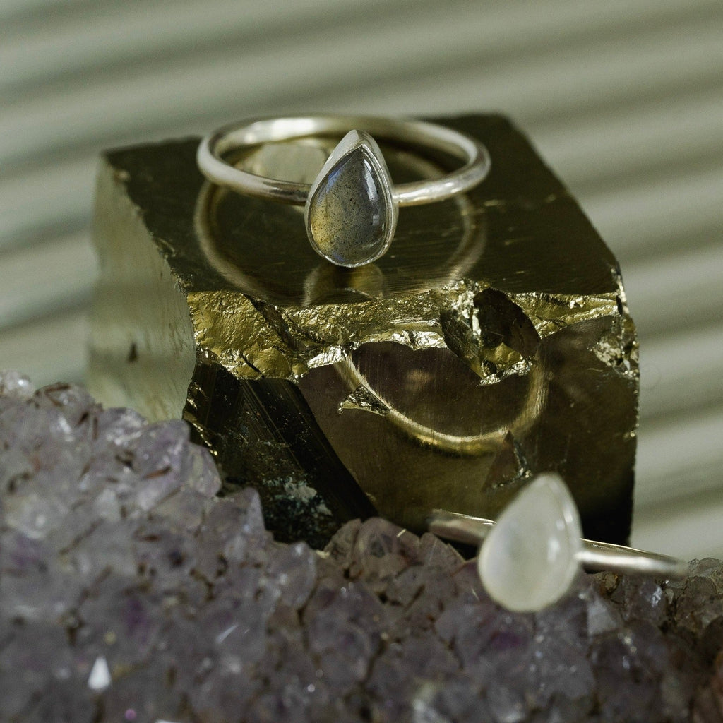 Tiny Teardrop Gemstone Ring in Sterling Silver - Labradorite or Moonstone