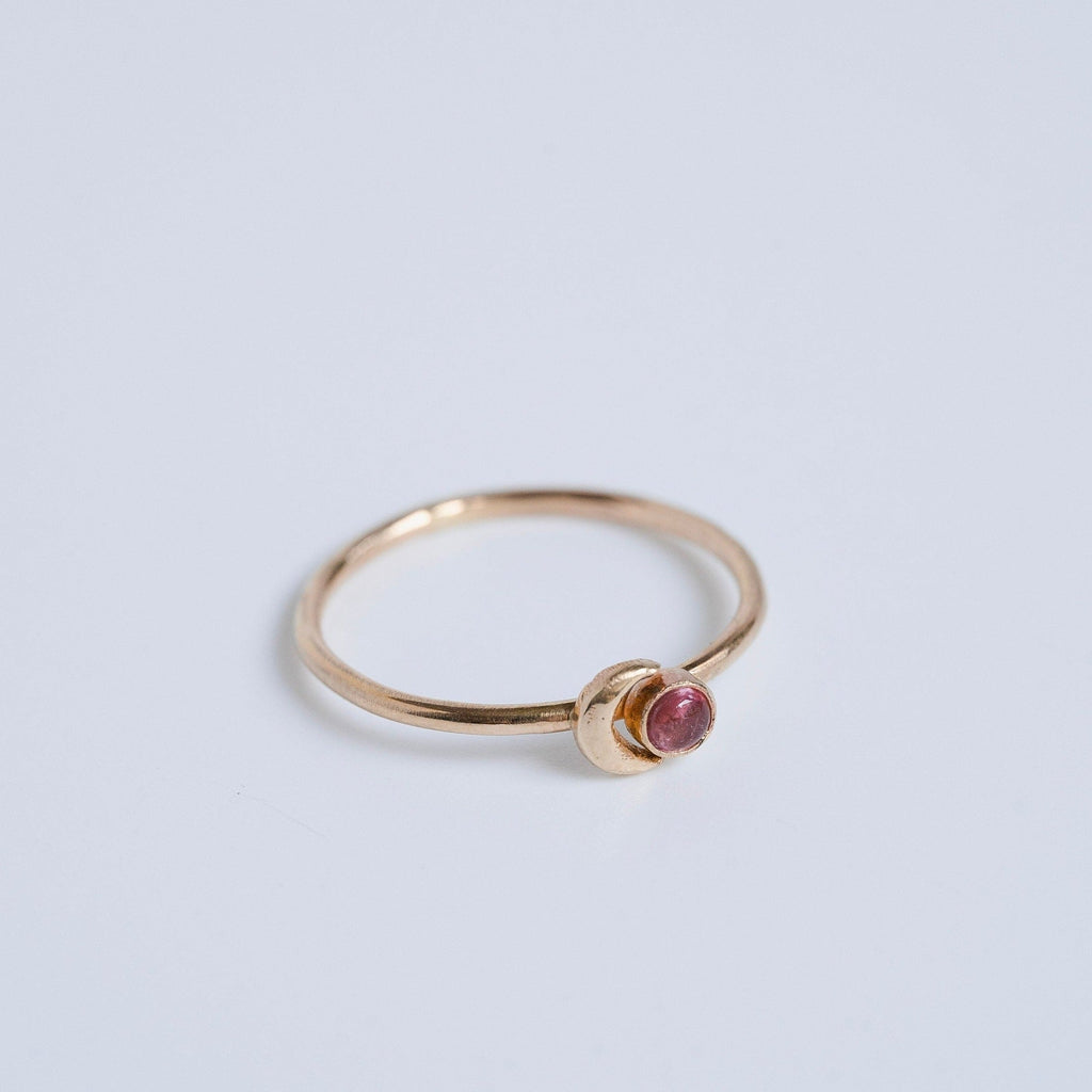 Crescent Moon and Pink Tourmaline Stacking Ring in Sterling Silver