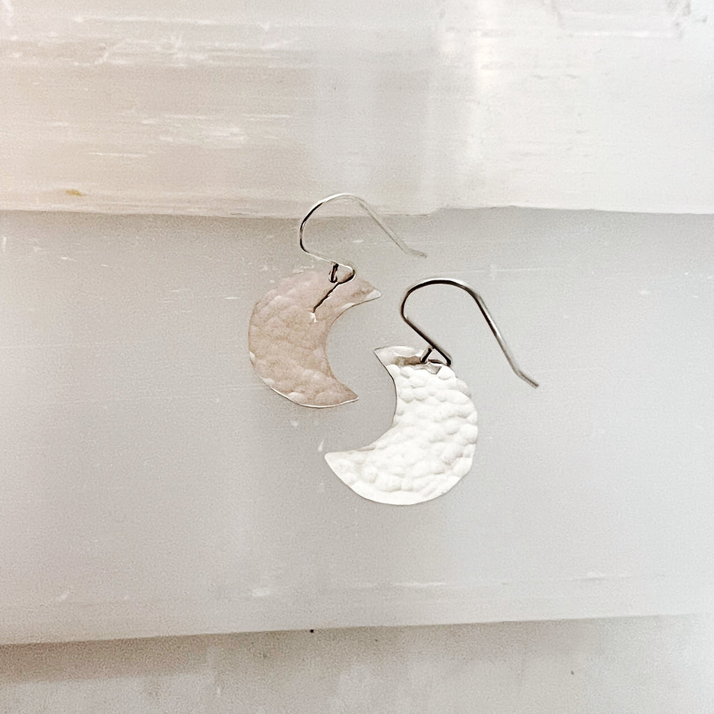 hammered moon earrings in sterling silver