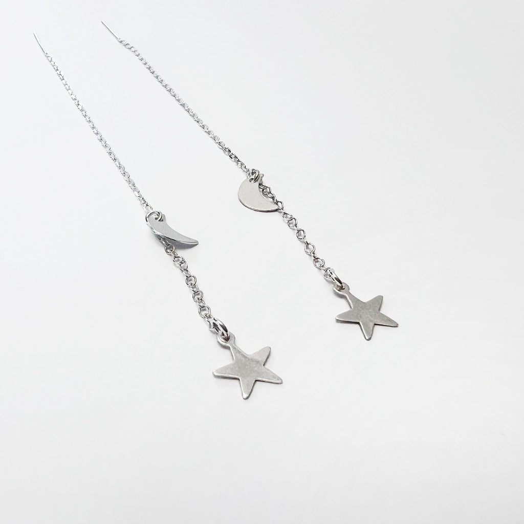 Moon and Star Celestial Drop Threader Earrings - Choose Your Metal