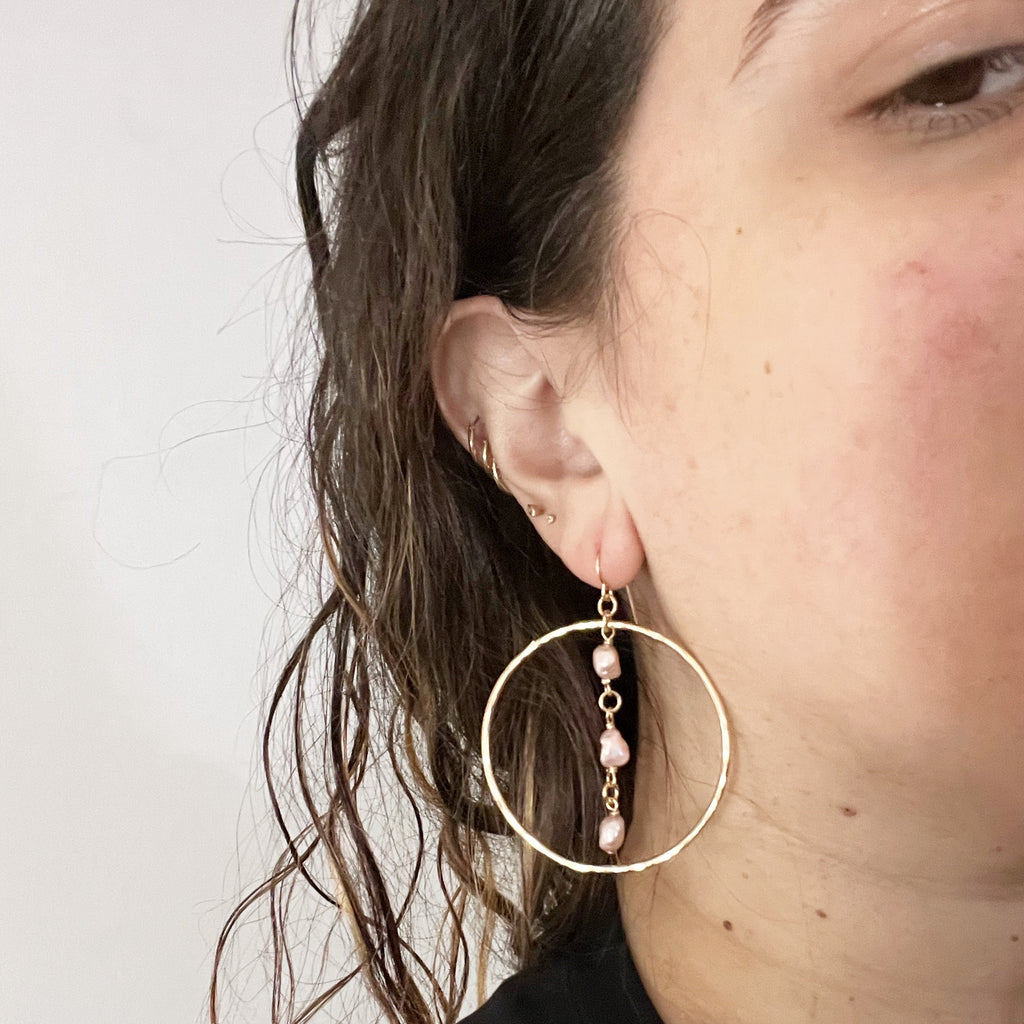 Gold Fill Pearl Drop Hammered Hoop Earrings