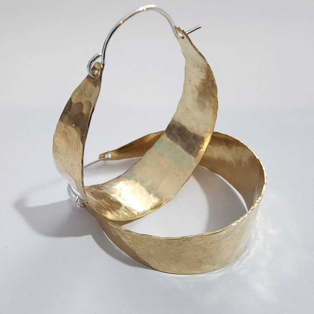 brass hammered basket hoop earrings