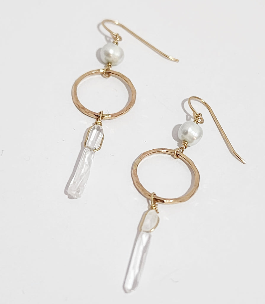 quartz gemstone and pearl drop earrings