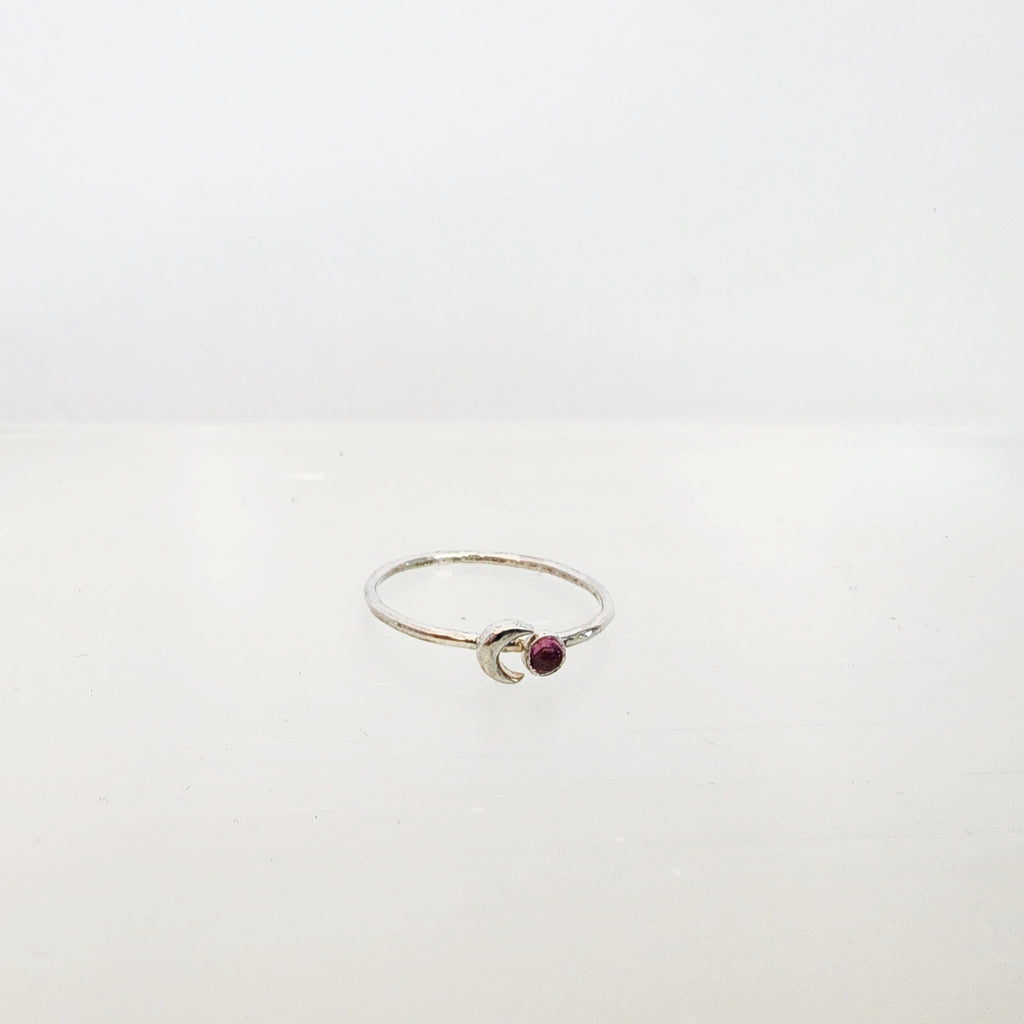 Crescent Moon and Pink Tourmaline Stacking Ring in Sterling Silver