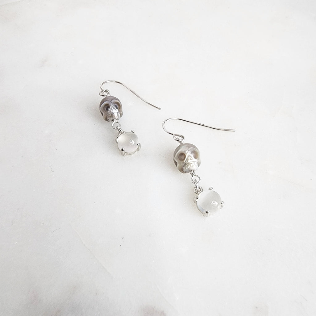 skull pearl and moonstone earrings in sterling silver