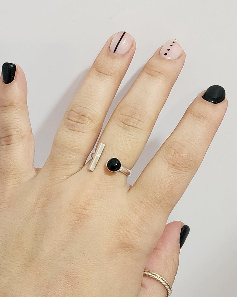 Sterling Silver Bar and Onyx Gemstone Stacking Ring
