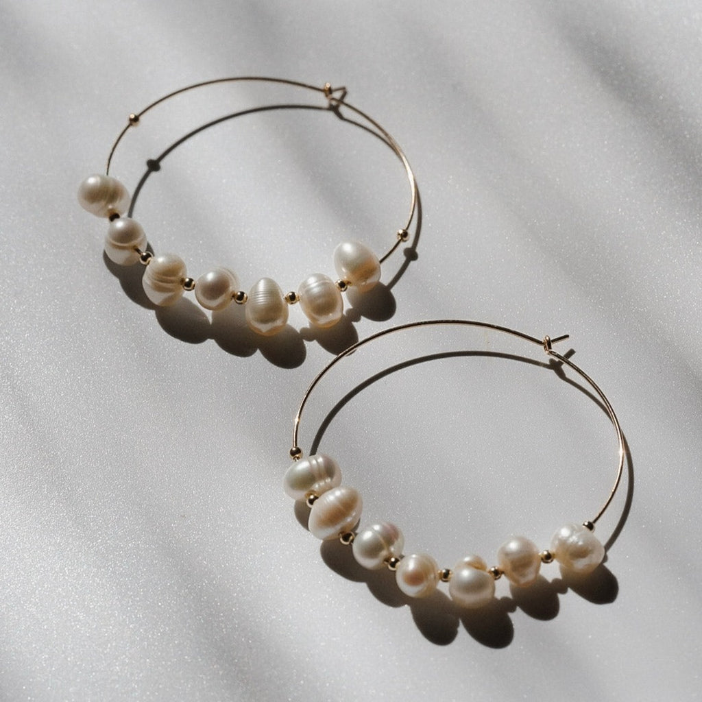 pearl and gold fill beaded hoop earrings