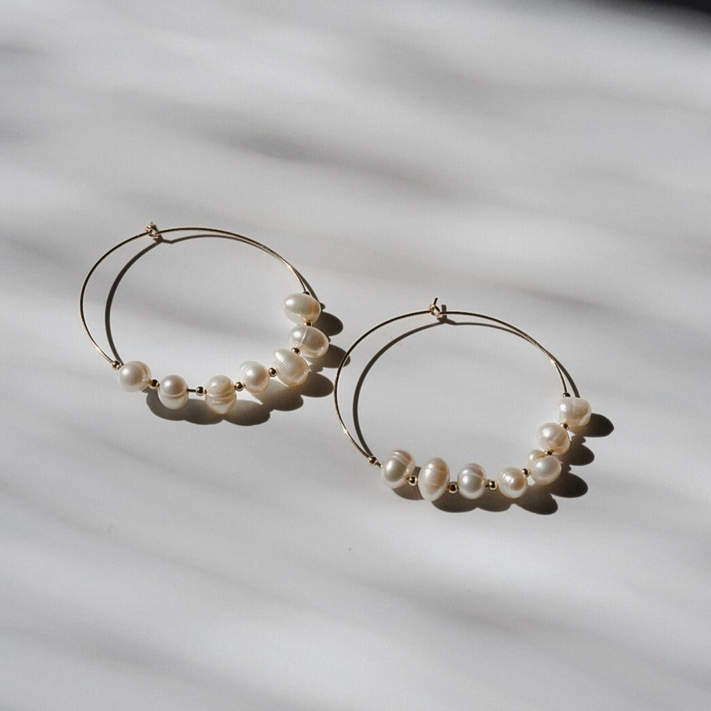Pearl and 14 karat Gold Fill Large Beaded Hoop Earrings