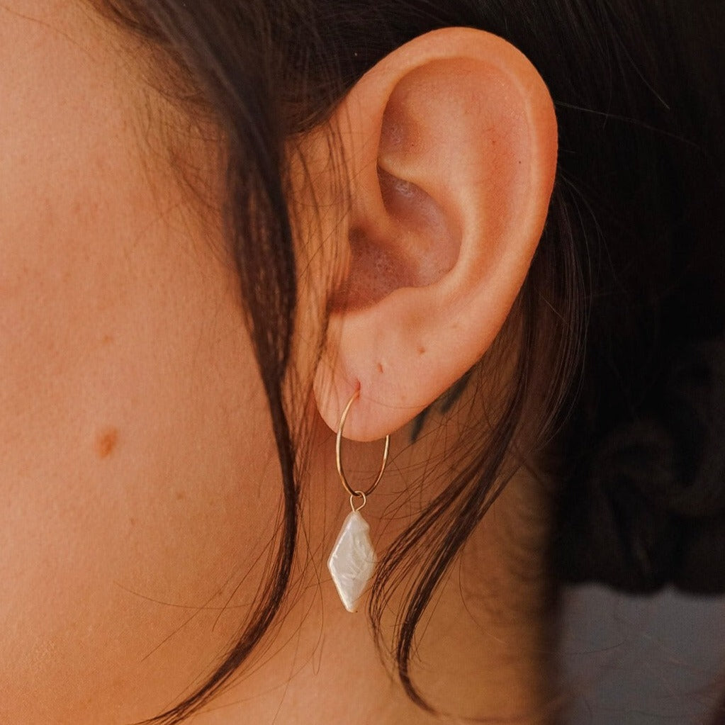 Pearl Diamond Drop Hoop Earrings