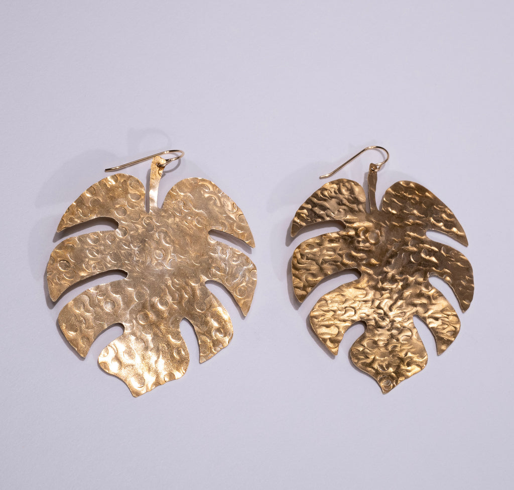 hammered brass monstera earrings