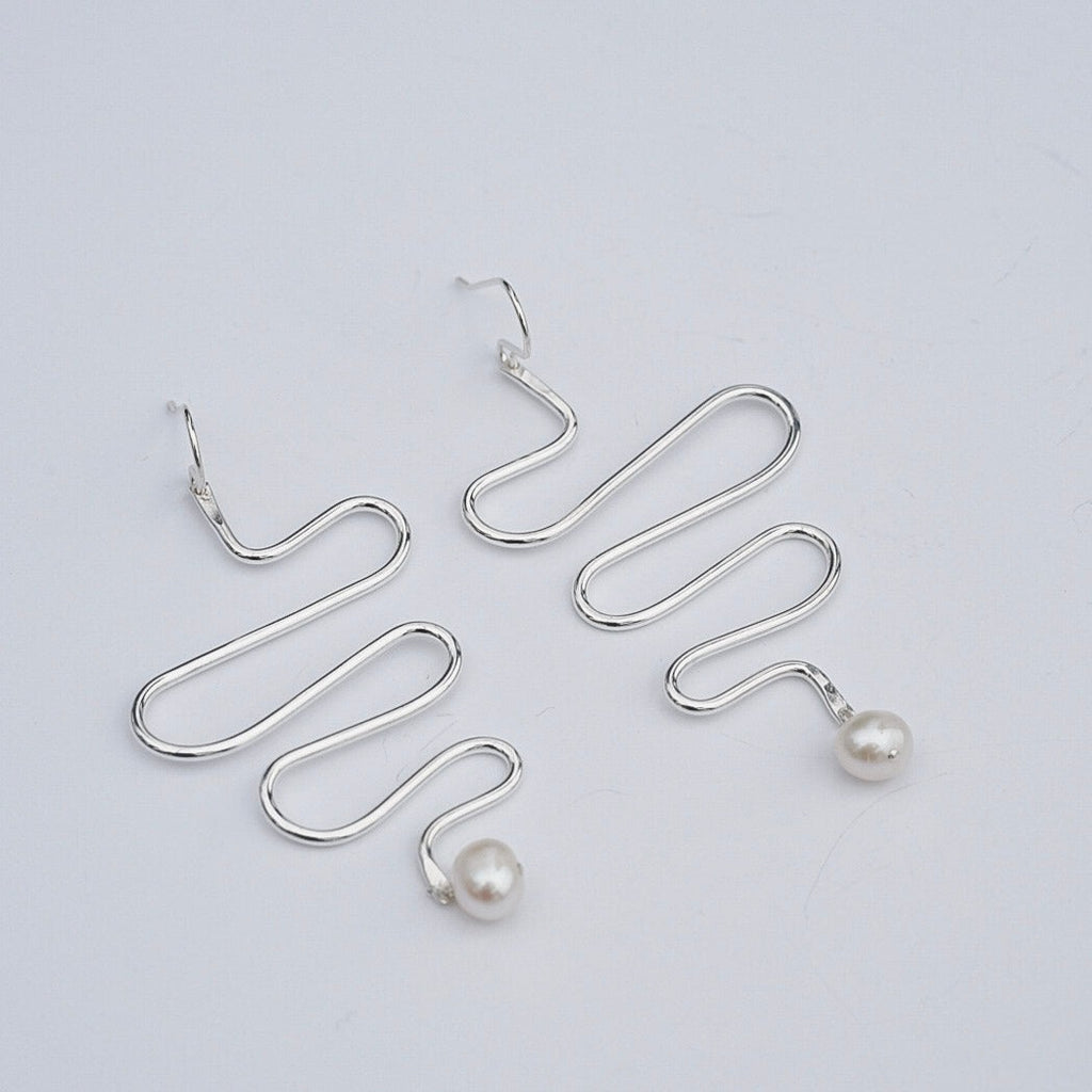 Pearl Squiggle Drop Earrings - Choose your Metal and Gemstone
