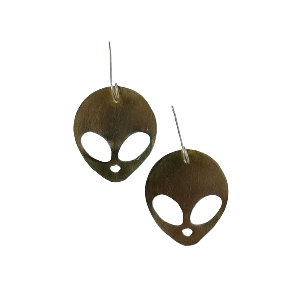 alien dangle earrings in brass