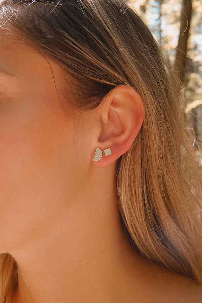 Geometric Semi Circle Stud Earrings in Sterling Silver